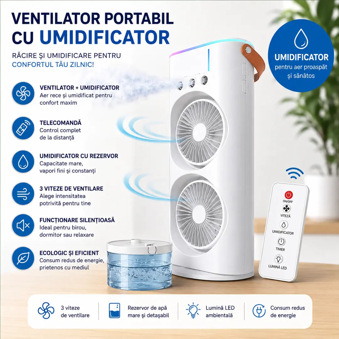 ❄️ Aer Răcoros și Confort Maxim – Ventilator Portabil cu Umidificator și Telecomandă