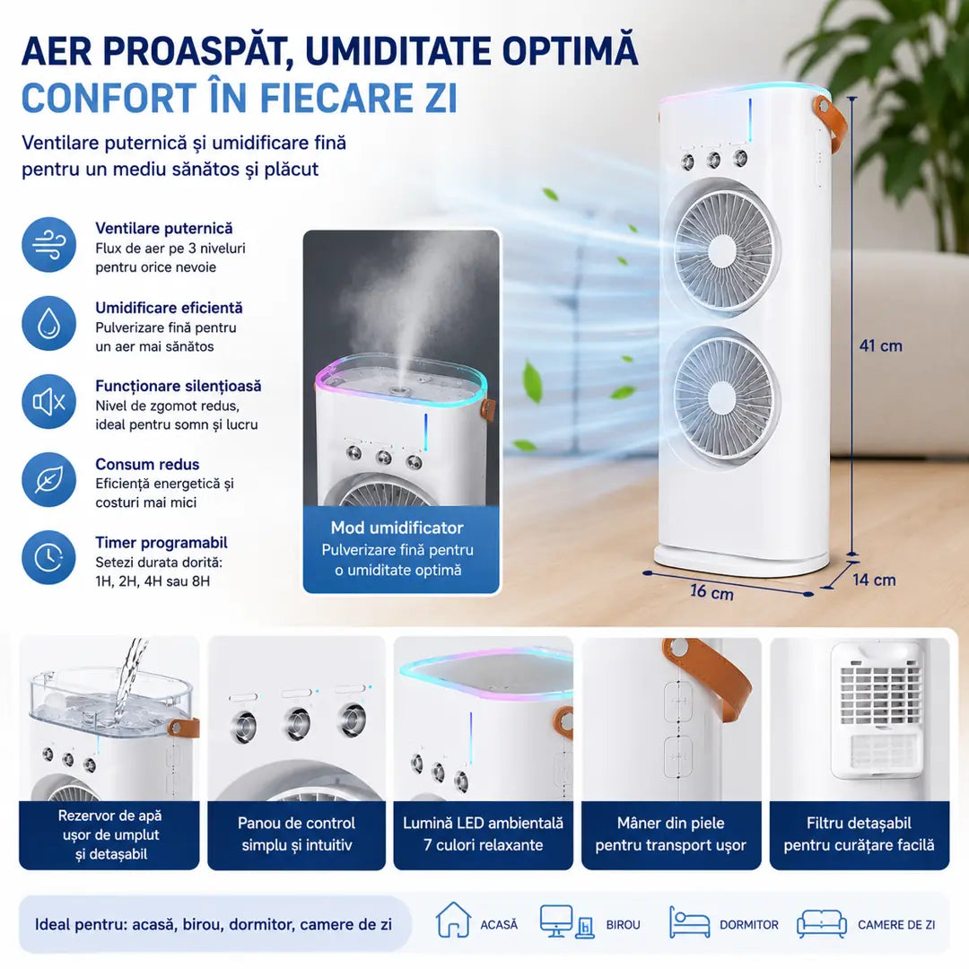 ❄️ Aer Răcoros și Confort Maxim – Ventilator Portabil cu Umidificator și Telecomandă