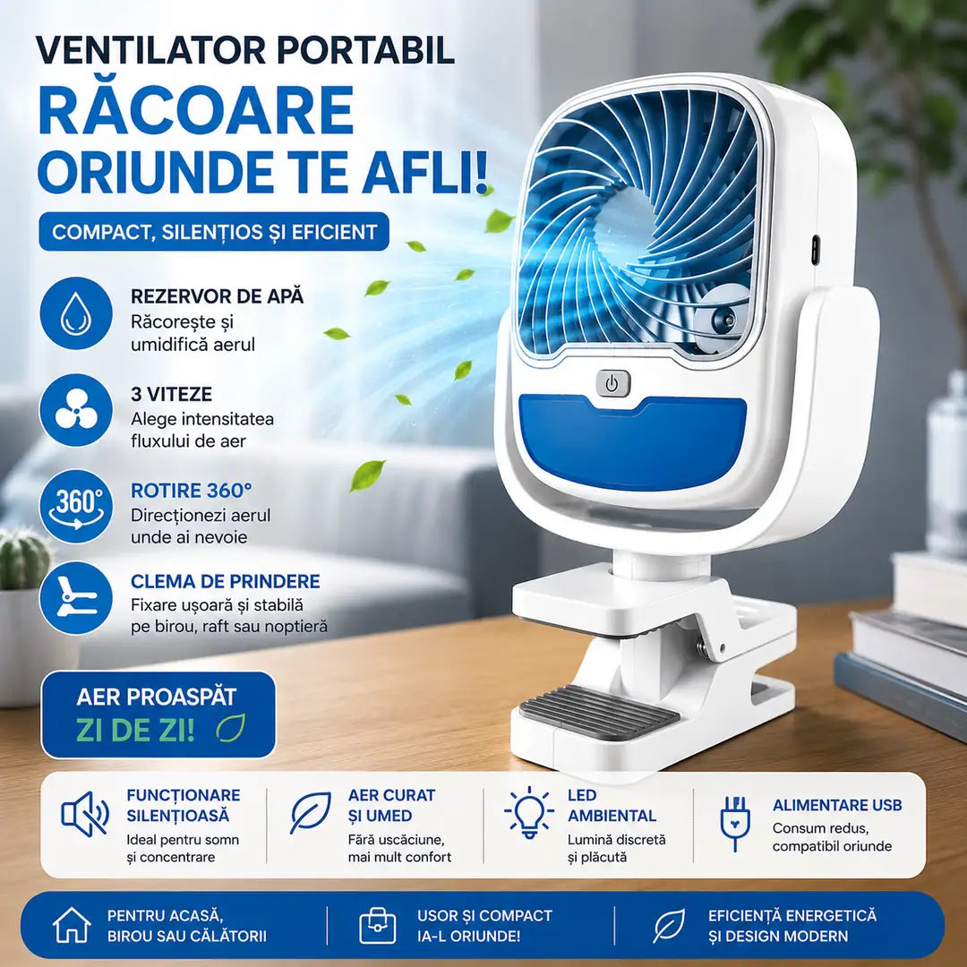Scapă de Căldură în Câteva Secunde Ventilator Portabil 3 în 1 cu Pulverizare și LED Ambiental
