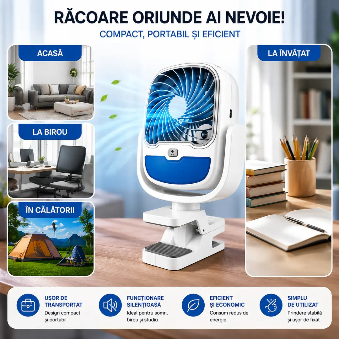 Scapă de Căldură în Câteva Secunde Ventilator Portabil 3 în 1 cu Pulverizare și LED Ambiental