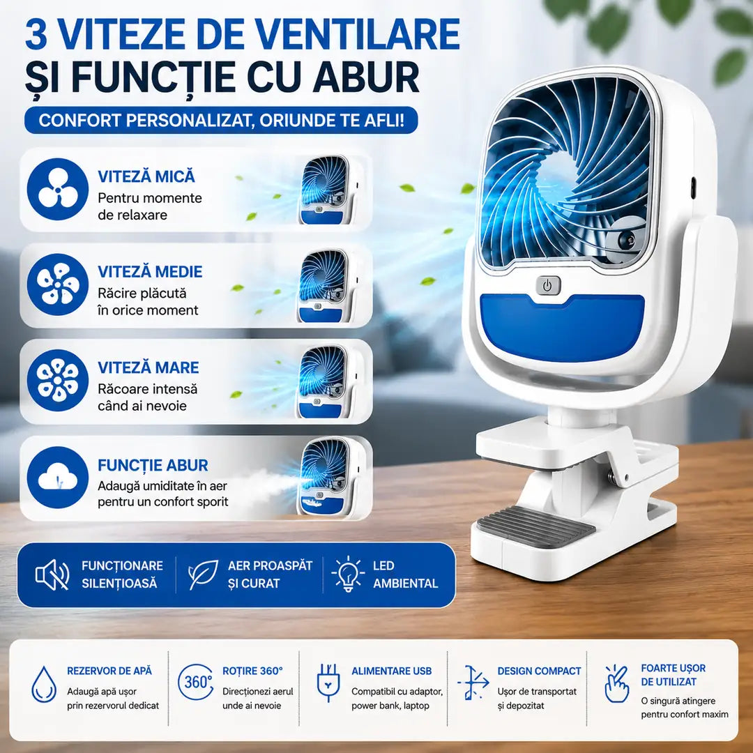 Scapă de Căldură în Câteva Secunde Ventilator Portabil 3 în 1 cu Pulverizare și LED Ambiental