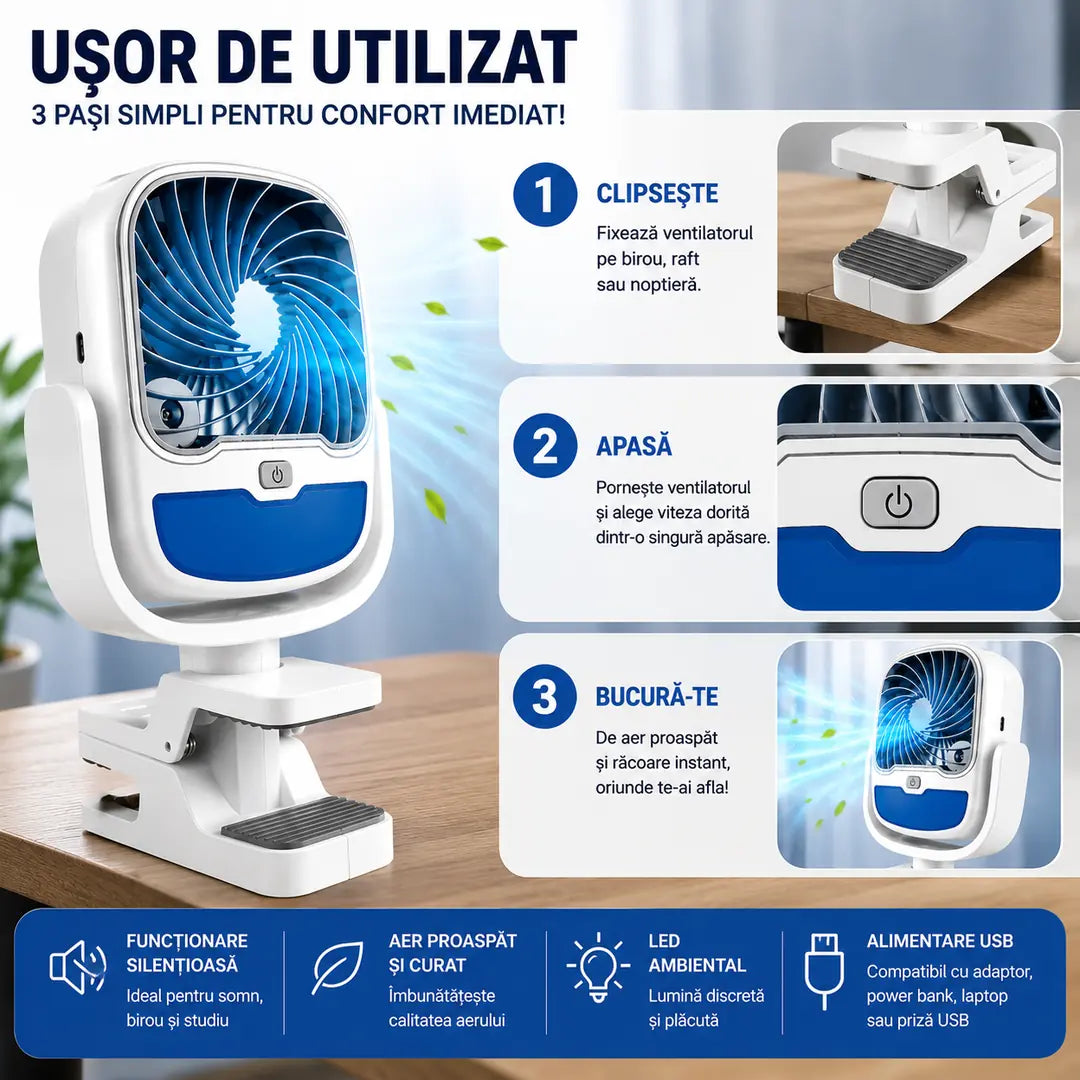 Scapă de Căldură în Câteva Secunde Ventilator Portabil 3 în 1 cu Pulverizare și LED Ambiental