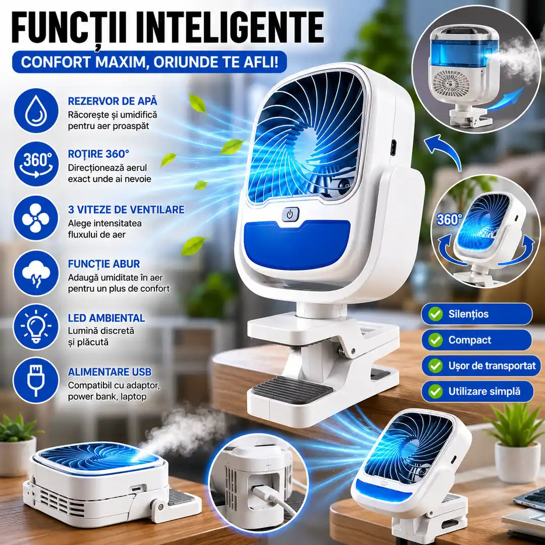Scapă de Căldură în Câteva Secunde Ventilator Portabil 3 în 1 cu Pulverizare și LED Ambiental